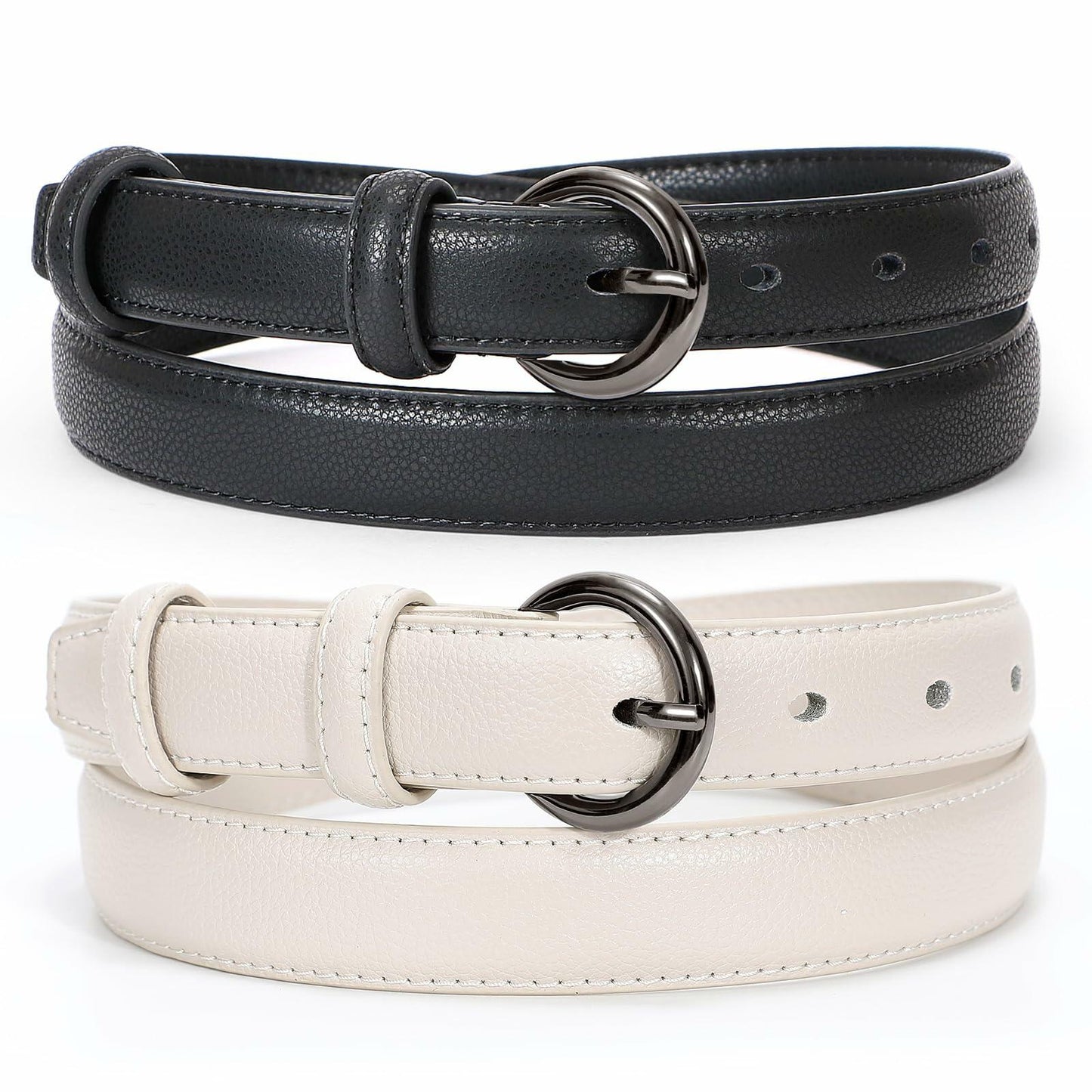 WERFORU Women Leather Skinny Dress Belts 2 Pack Gold Buckle Black Beige