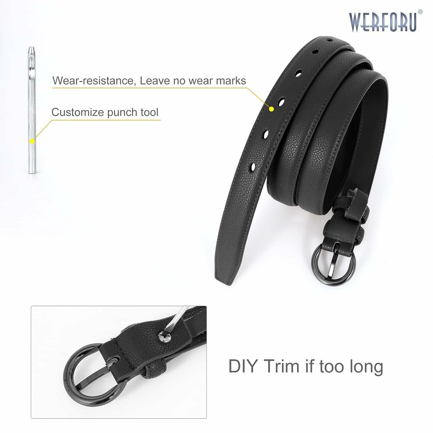 WERFORU Women Leather Skinny Dress Belts 2 Pack Gold Buckle Black Beige