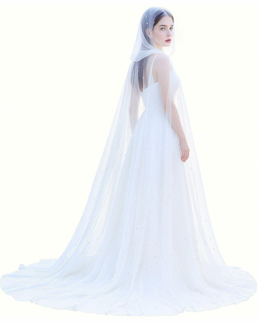 Geyoga Women Peals Tulle Hooded Cape Sheer Elf Cloak White