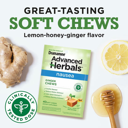 BestBy05/26 Dramamine Advanced Herbals Ginger Chews Nausea Relief 40 Count