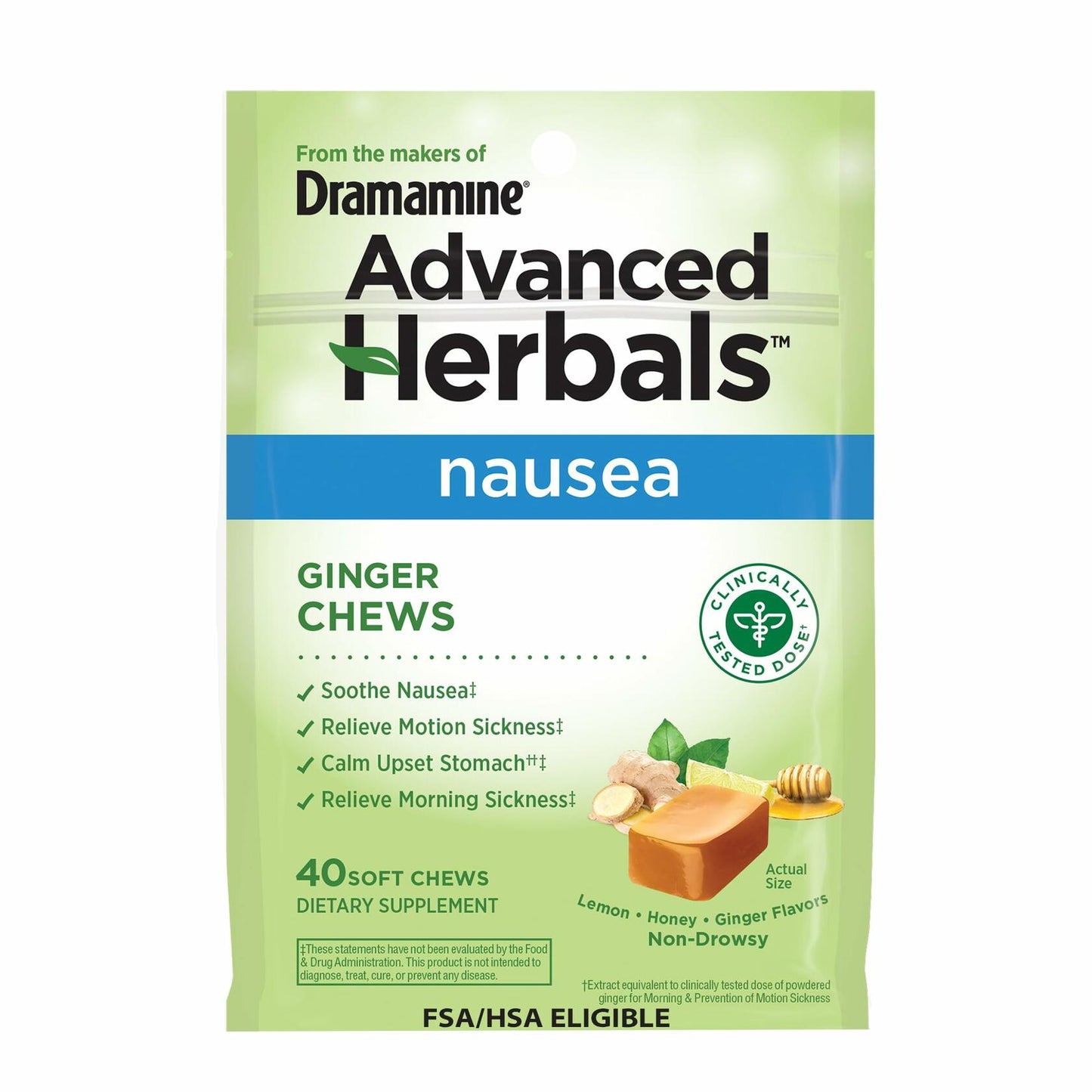 BestBy05/26 Dramamine Advanced Herbals Ginger Chews Nausea Relief 40 Count