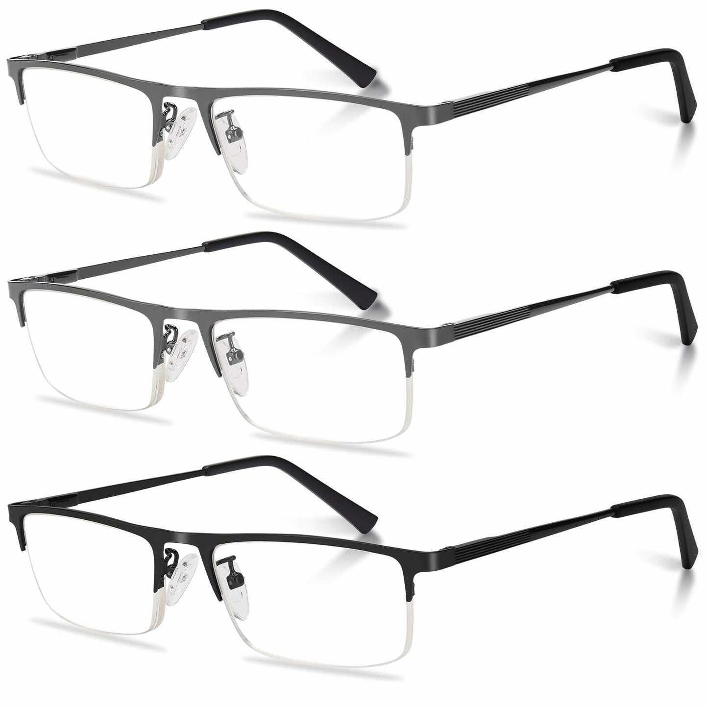 Anourney 3 Pack Mens Reading Glasses Metal Half Frame Blue Light +2.75