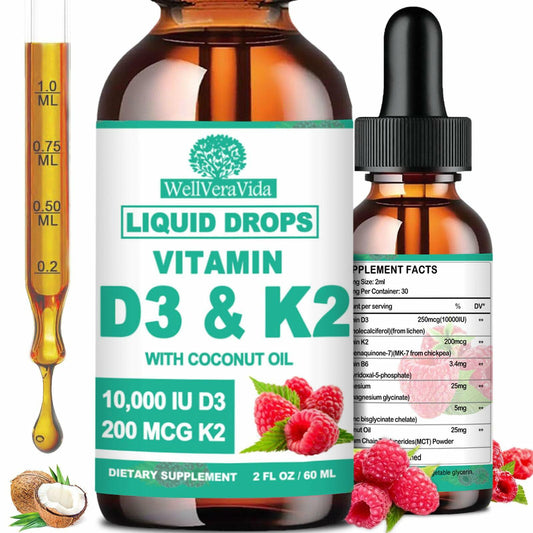 WellVeraVida D3 K2 Vitamin 10000iu Liquid Drops MK-7 200mcg Raspberry