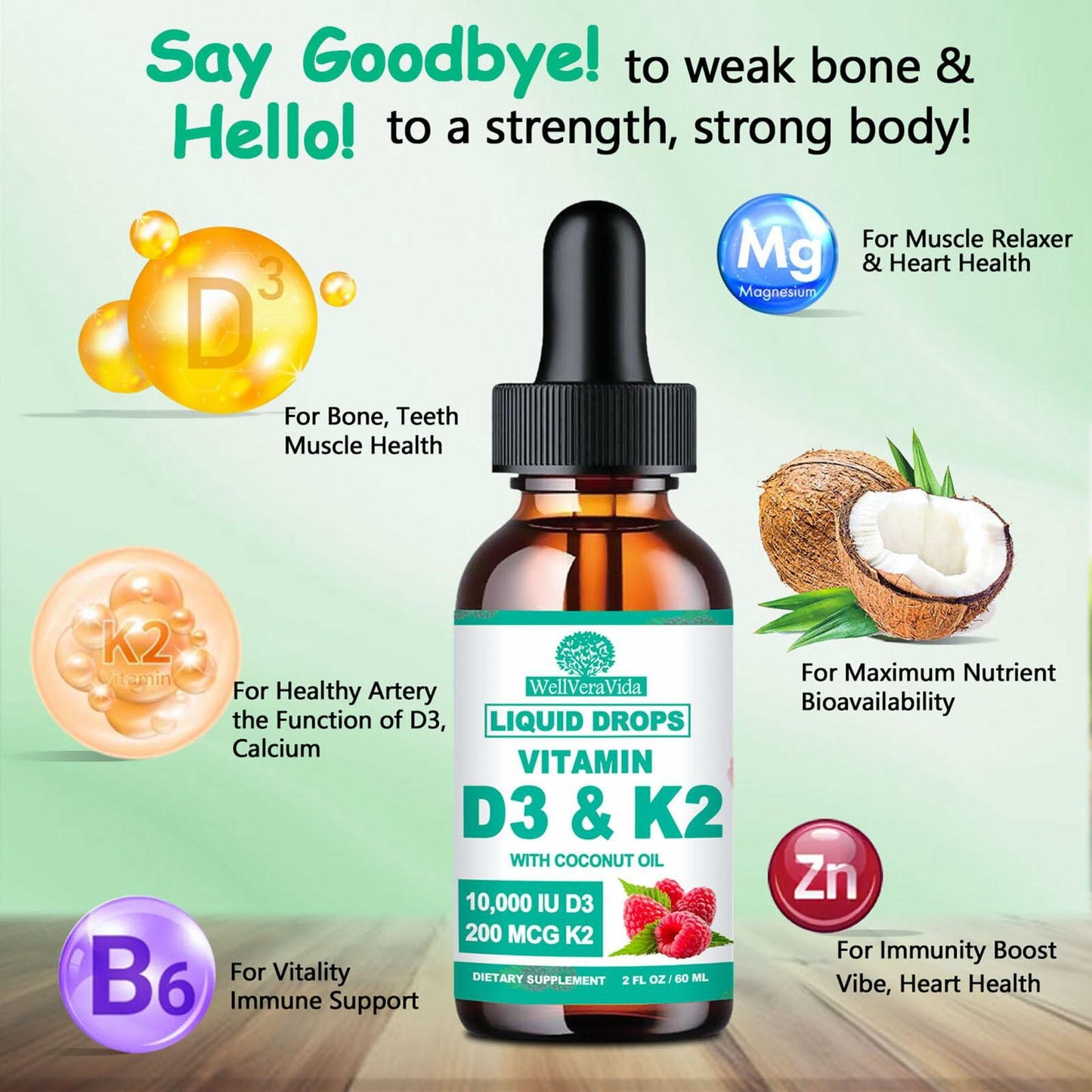 WellVeraVida D3 K2 Vitamin 10000iu Liquid Drops MK-7 200mcg Raspberry