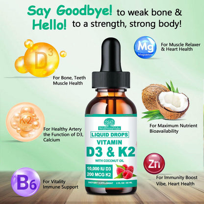 WellVeraVida D3 K2 Vitamin 10000iu Liquid Drops MK-7 200mcg Raspberry