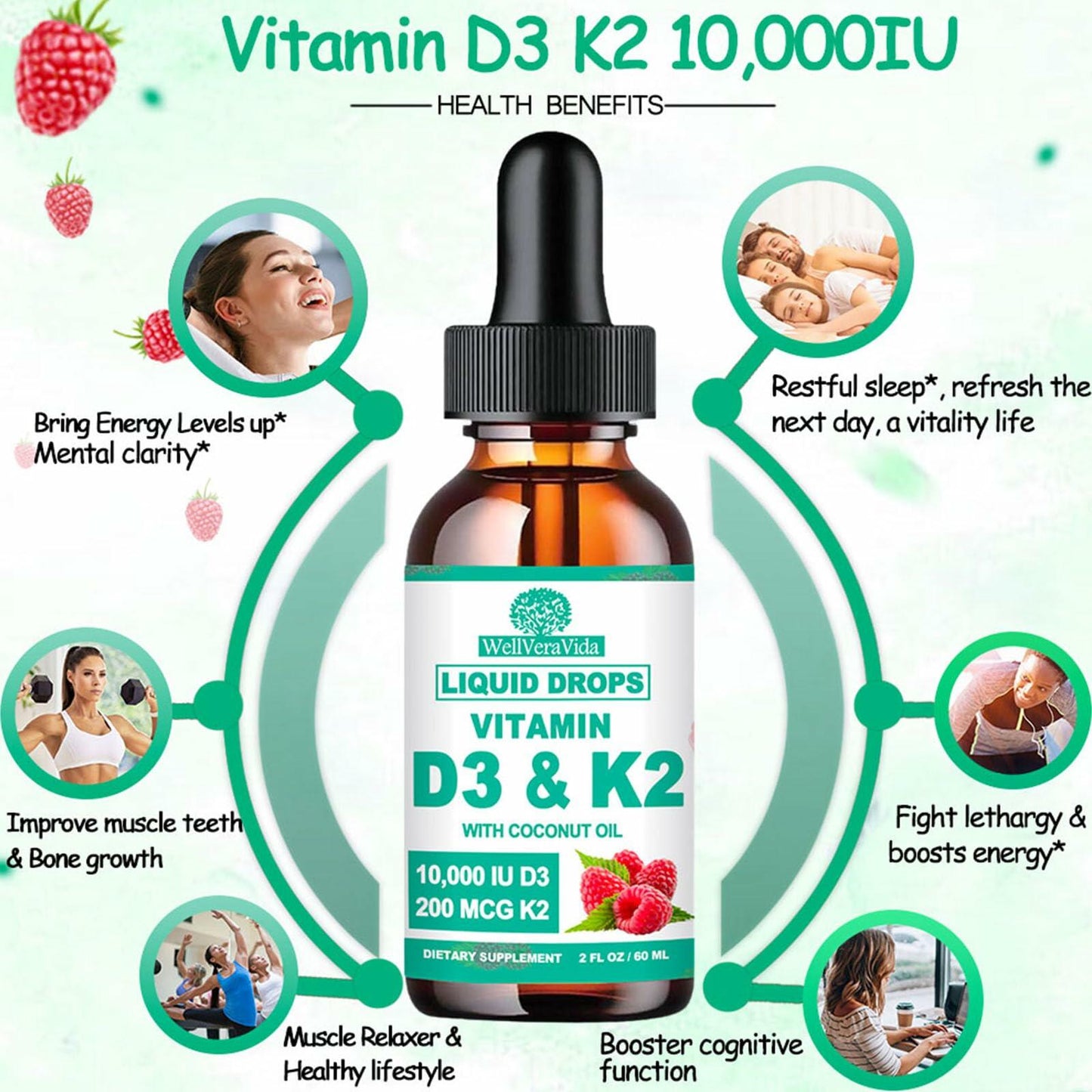 WellVeraVida D3 K2 Vitamin 10000iu Liquid Drops MK-7 200mcg Raspberry