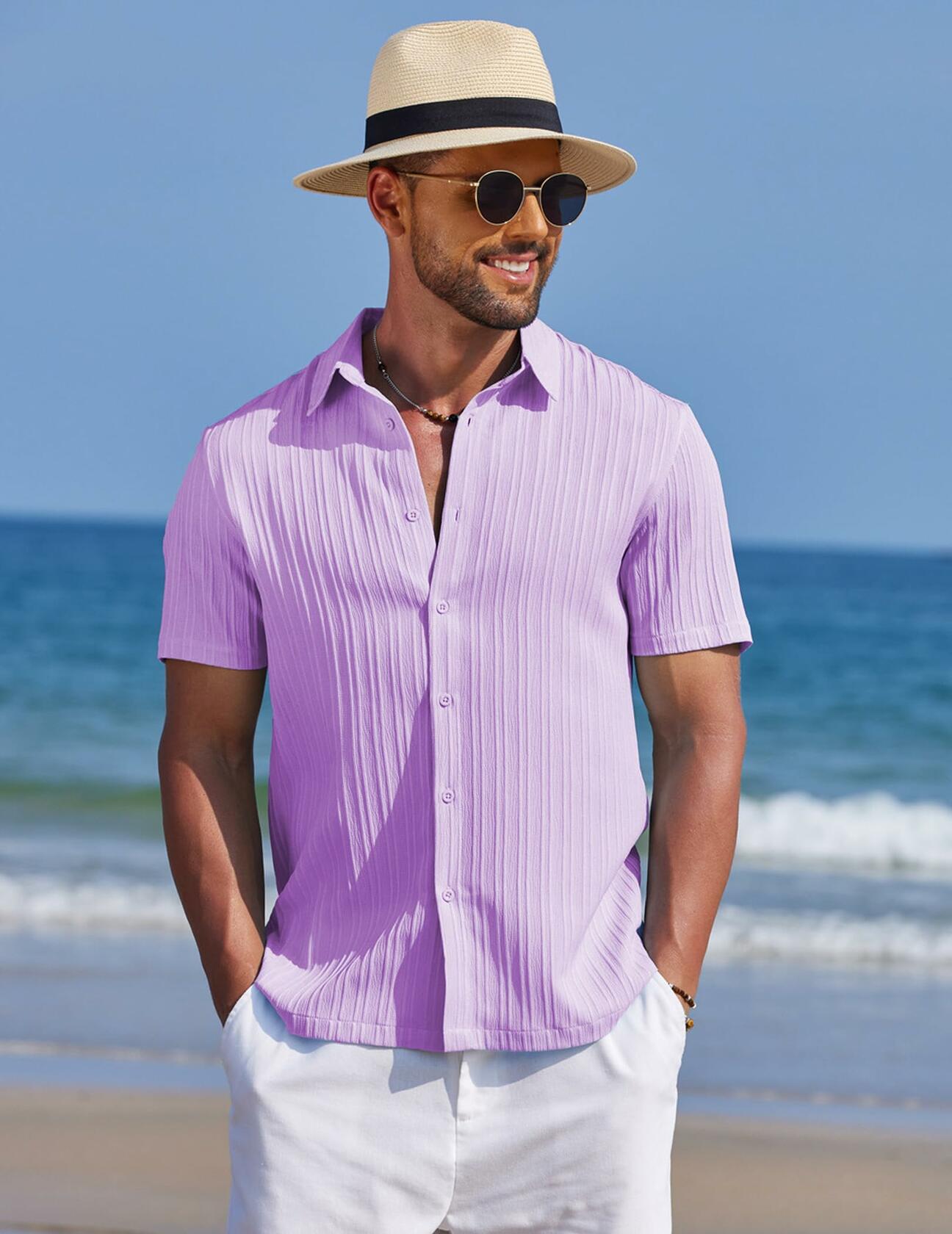 COOFANDY Men's Summer Beach Short Sleeve Button Down Shirt Light Purple Size L