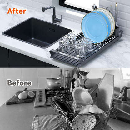 TOOCA BEAR Expandable Small Dish Drying Rack with Cutlery Holder Gray