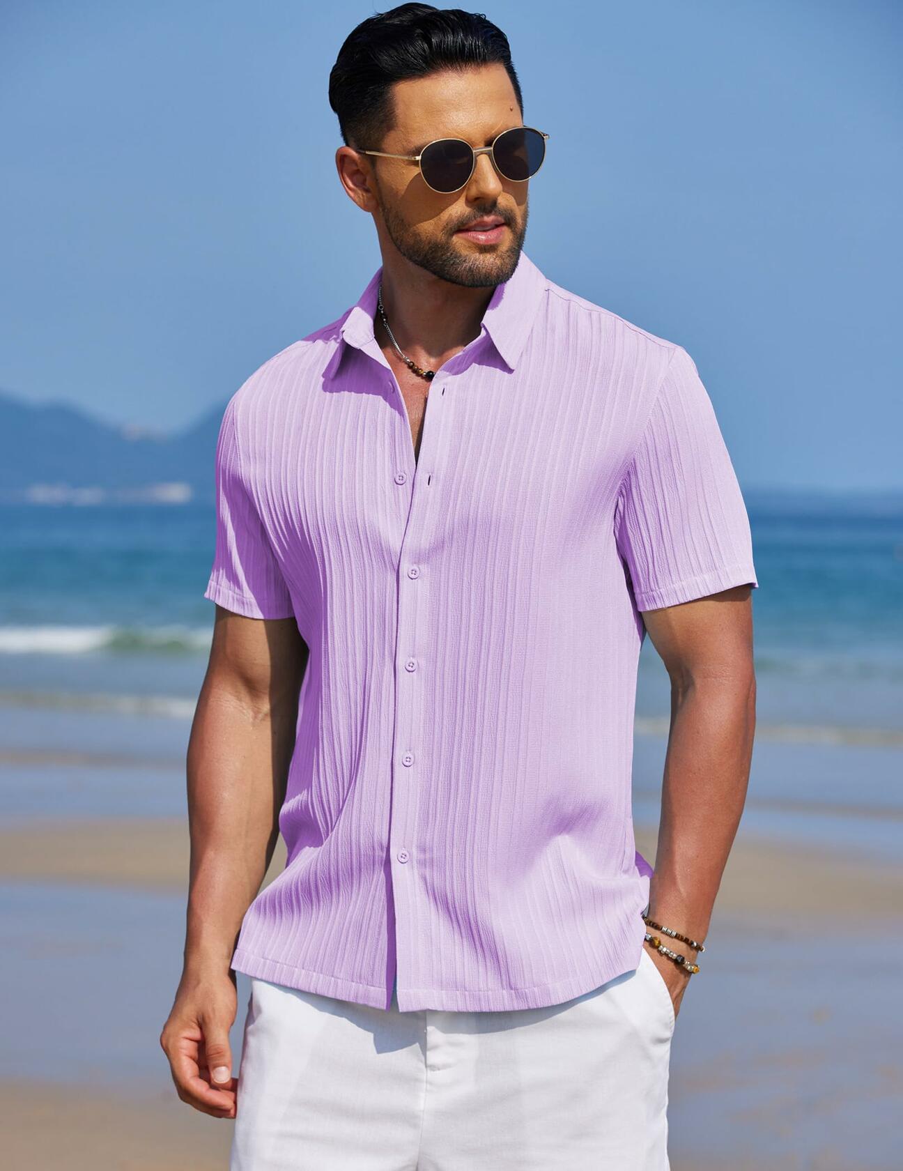COOFANDY Men's Summer Beach Short Sleeve Button Down Shirt Light Purple Size L