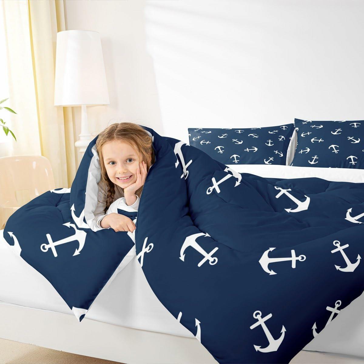 Manfei Anchor Comforter Set Nautical Navy Blue 2pcs Twin Size