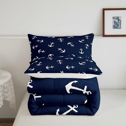 Manfei Anchor Comforter Set Nautical Navy Blue 2pcs Twin Size