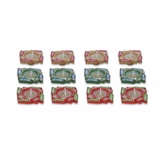 4OUR FAITH 12 Pc Multicolor Terracotta Swastik Wax Diyas Oil Lamps