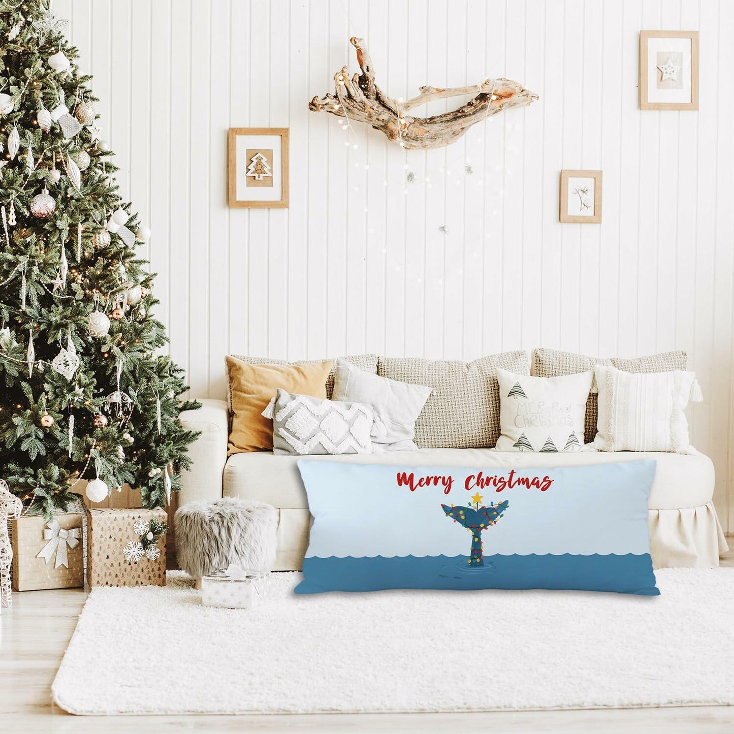 Yhtrg Coastal Beach Christmas Whale Body Pillow Cover 20x54 Plush Polyester