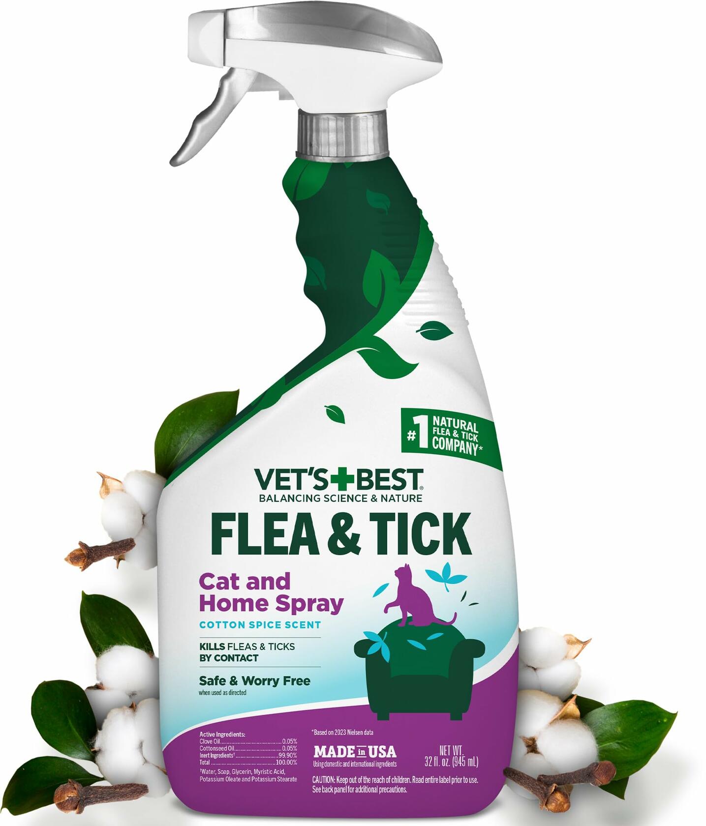 Vet's Best Flea & Tick Home Spray for Cats 32 oz Cotton Spice Scent