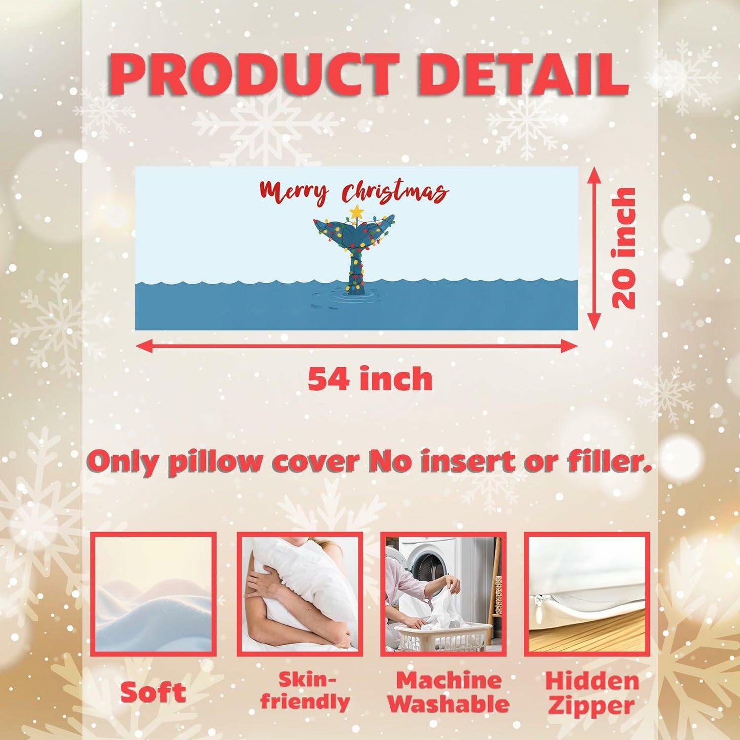 Yhtrg Coastal Beach Christmas Whale Body Pillow Cover 20x54 Plush Polyester